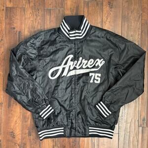 Avirex Mens L Varsity Bomber Jacket Black Vintage Y2K Striped Full Zip 2000s
